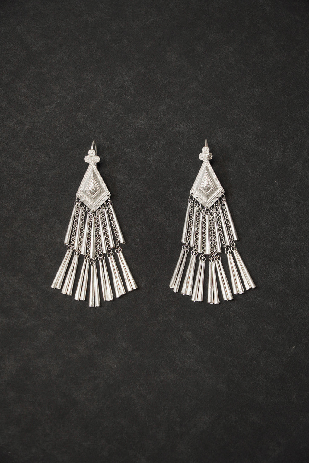 Ethnic Rhombus Tassel Silver Earrings