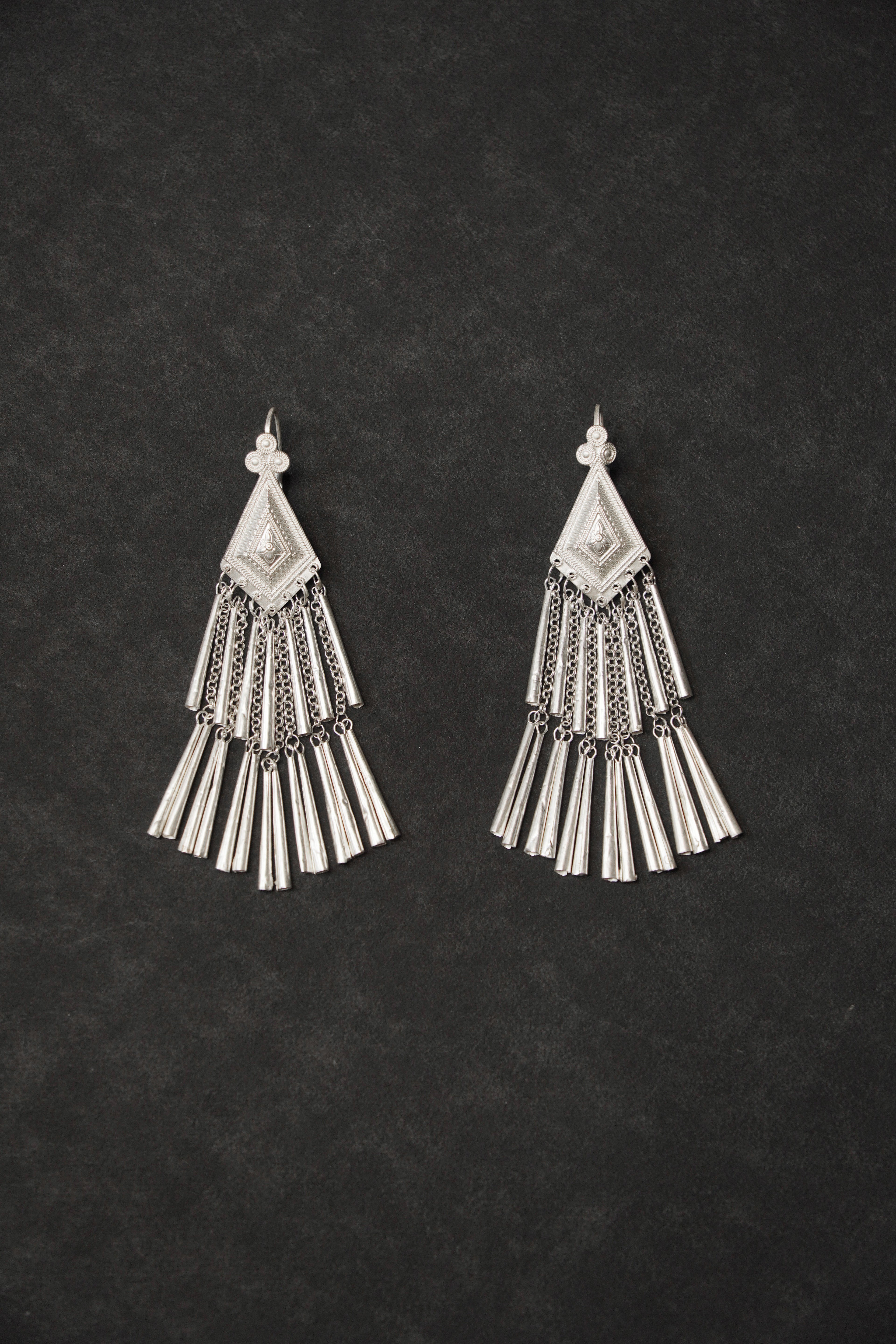 Ethnic Rhombus Tassel Silver Earrings