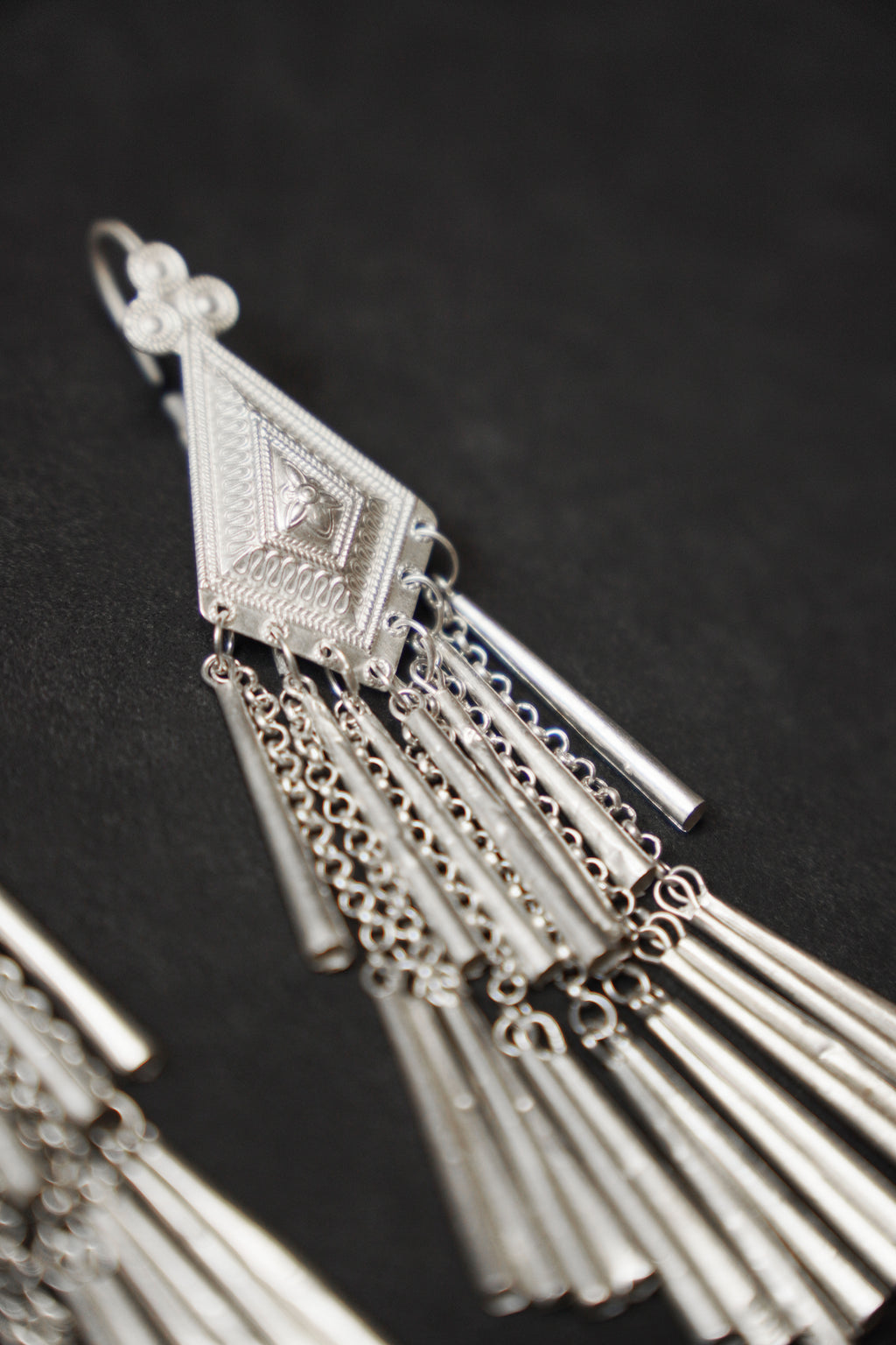 Ethnic Rhombus Tassel Silver Earrings