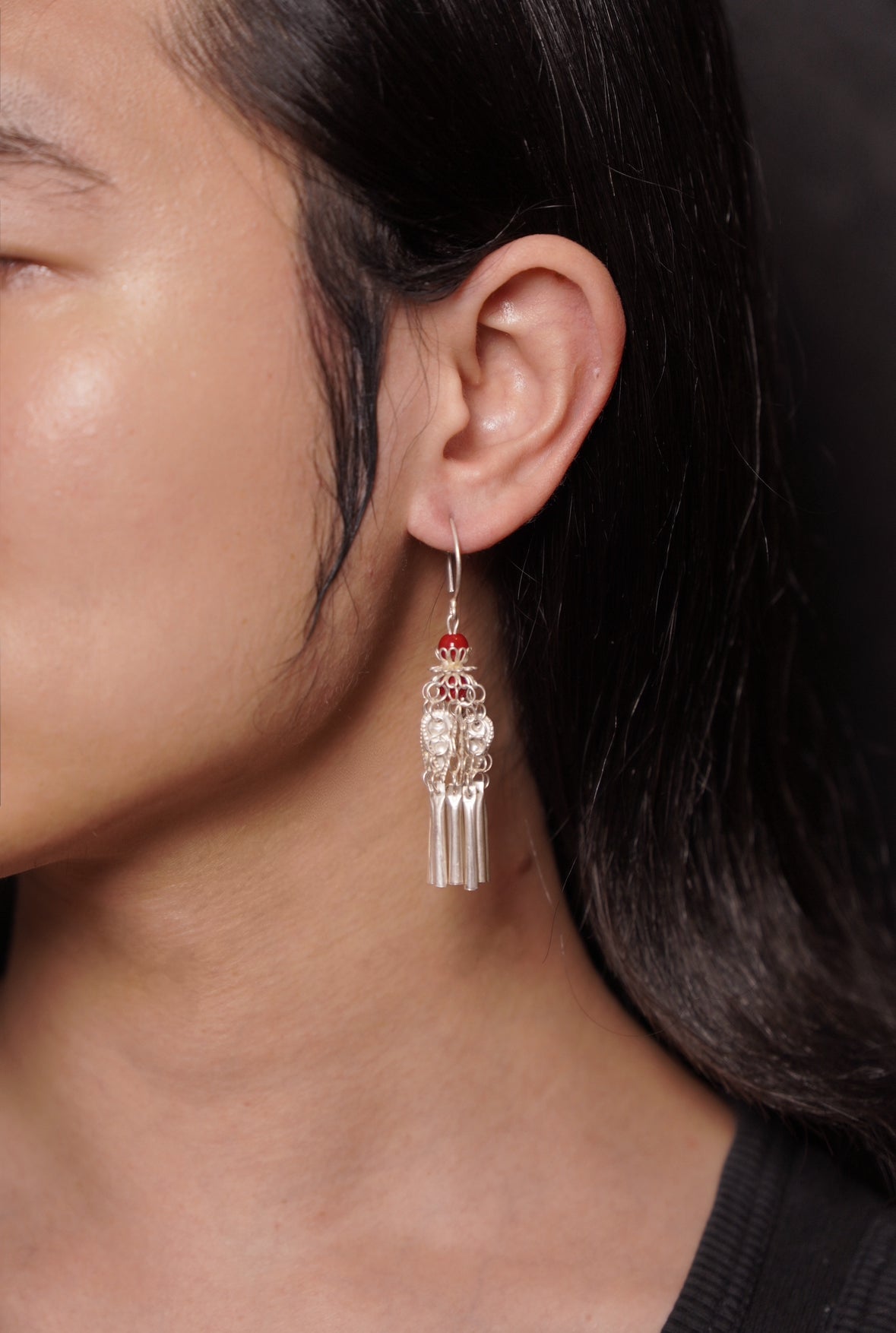 Floral Bell Yi Ethnic Red Agate Drop Hoops