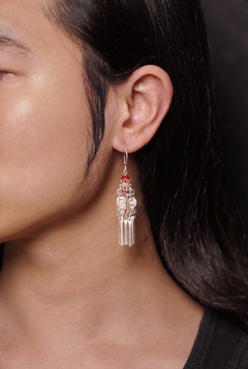 Floral Bell Yi Ethnic Red Agate Drop Hoops