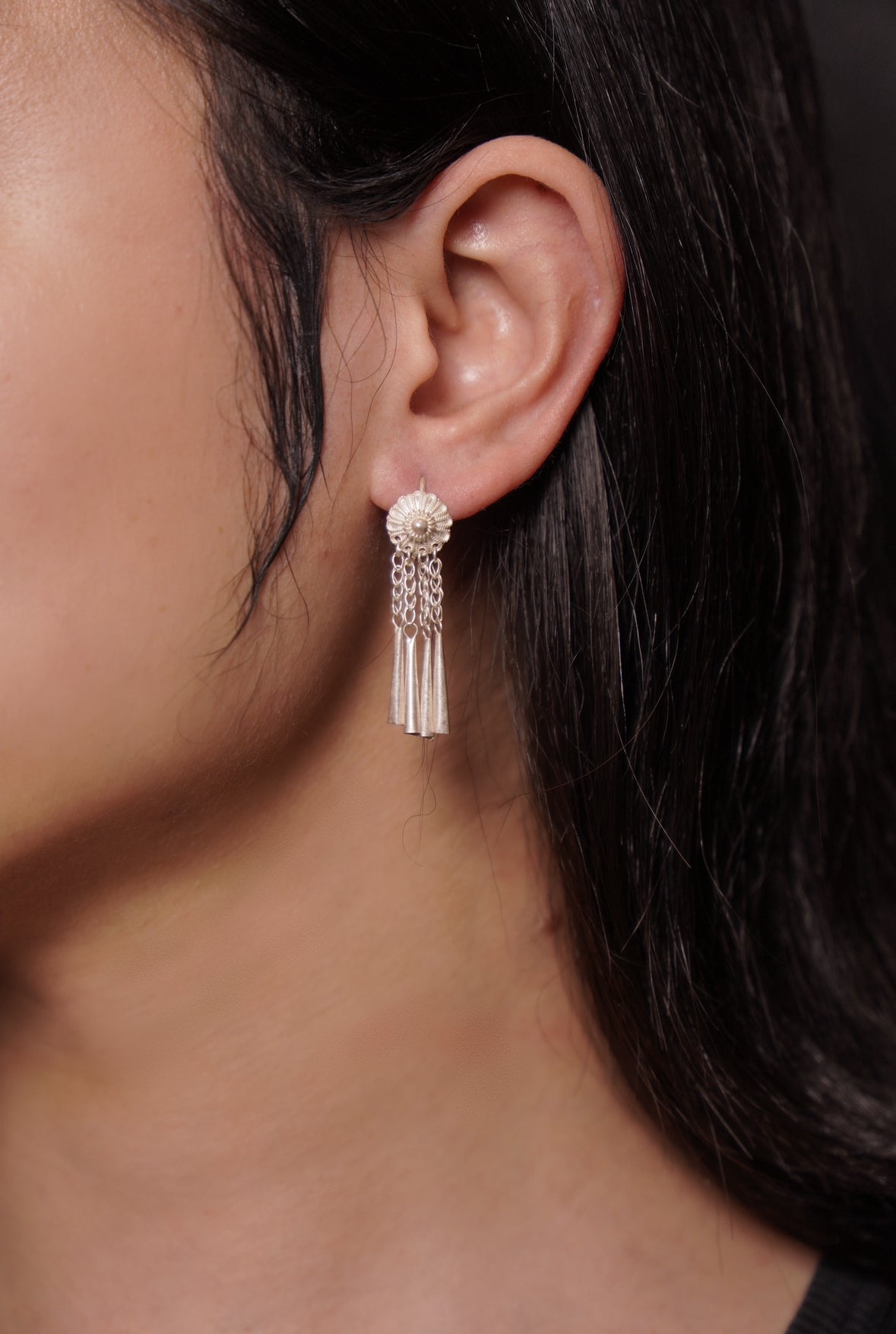 Yi Soma Flower 990 Fine Silver Chain Tassel Drop Earrings