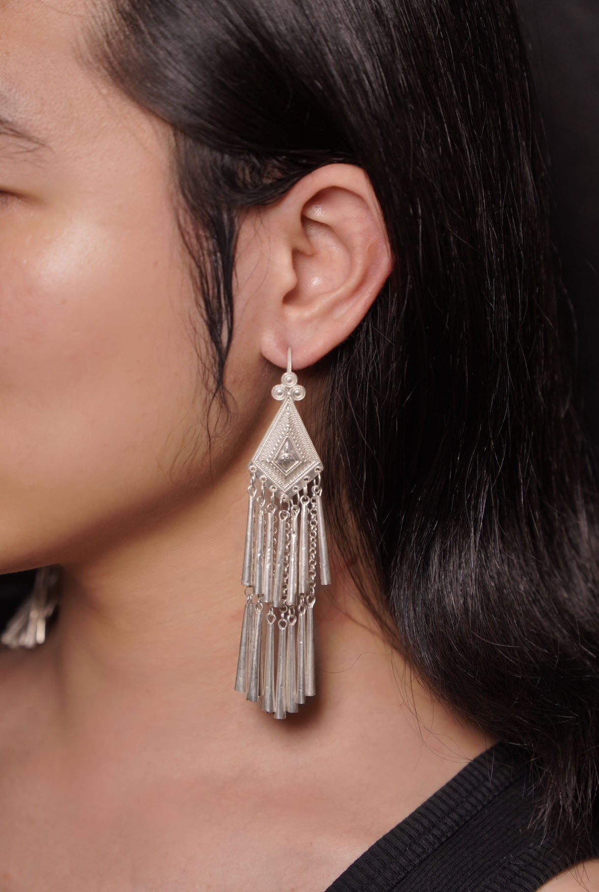 Ethnic Rhombus Tassel Silver Earrings