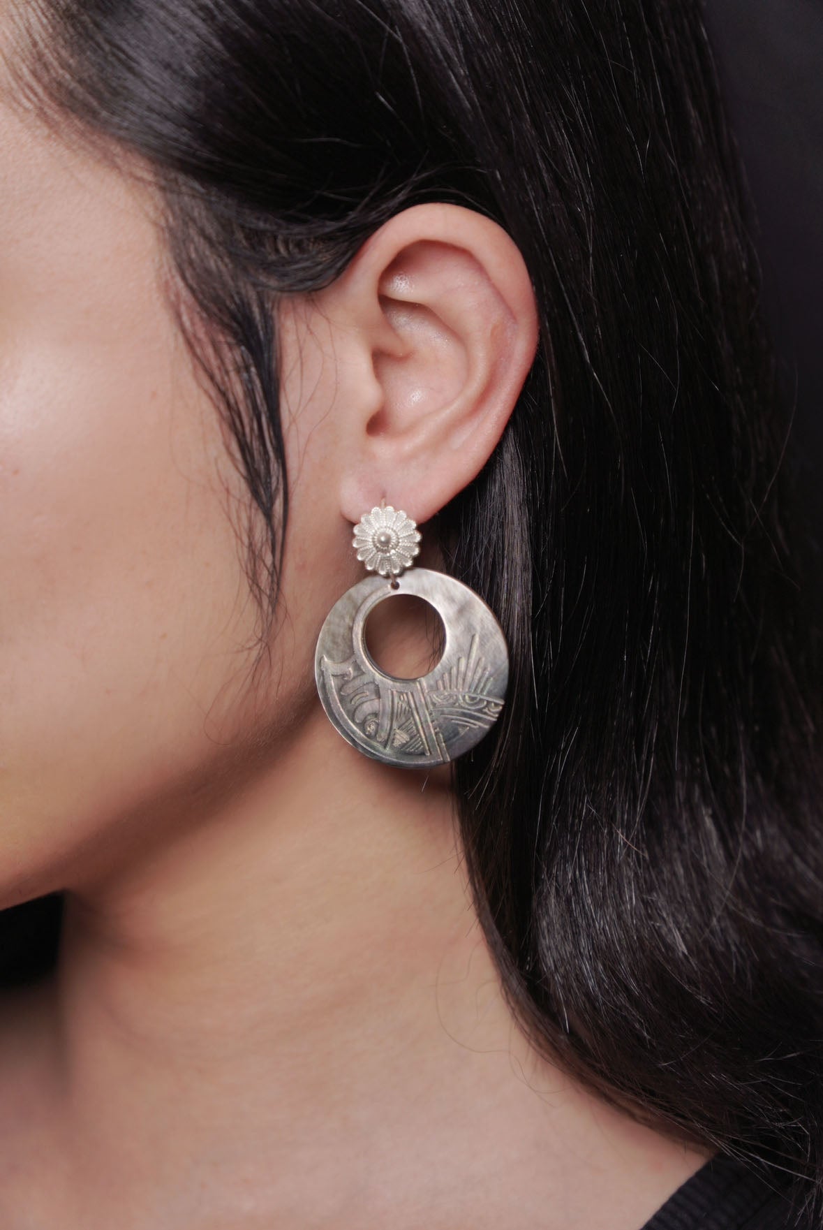 Hand-Crafted Soma Flower & Ancient Qiang Solar Disk Earrings