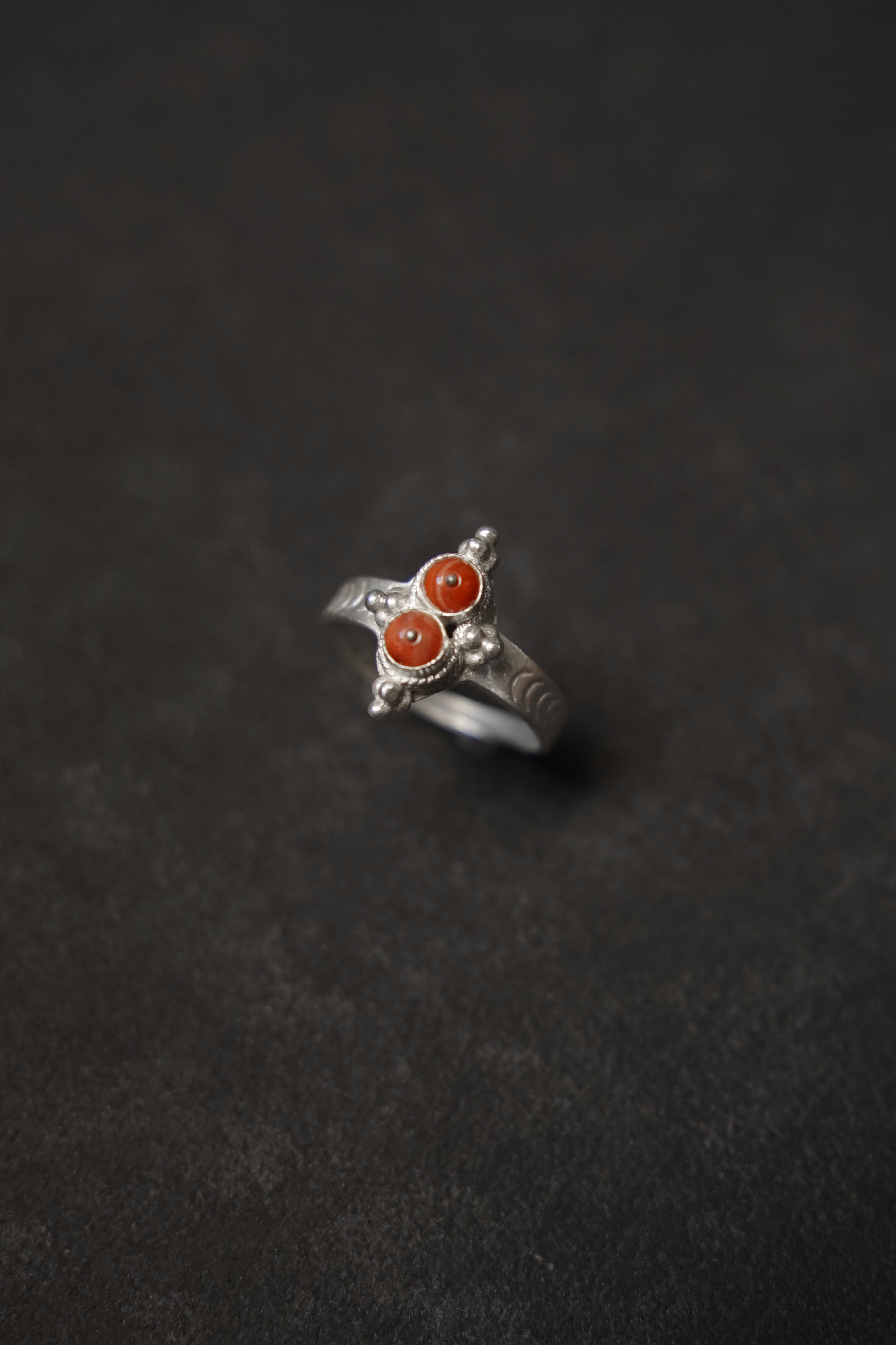 Yi Twin Red Agate,990 Silver Tribal Ring