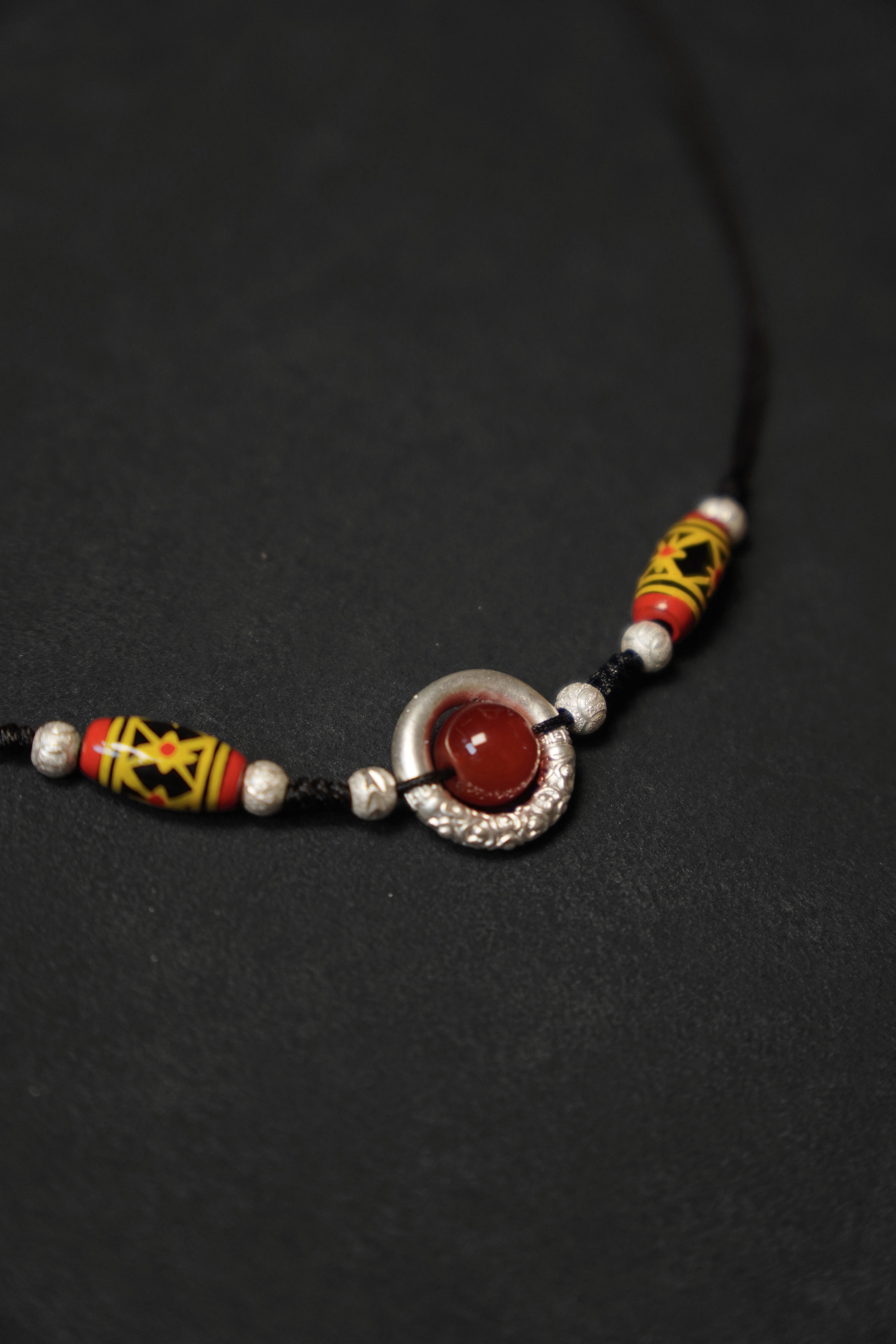 Yi Red Agate&Hand-painted Wooden Totems Cord Necklace
