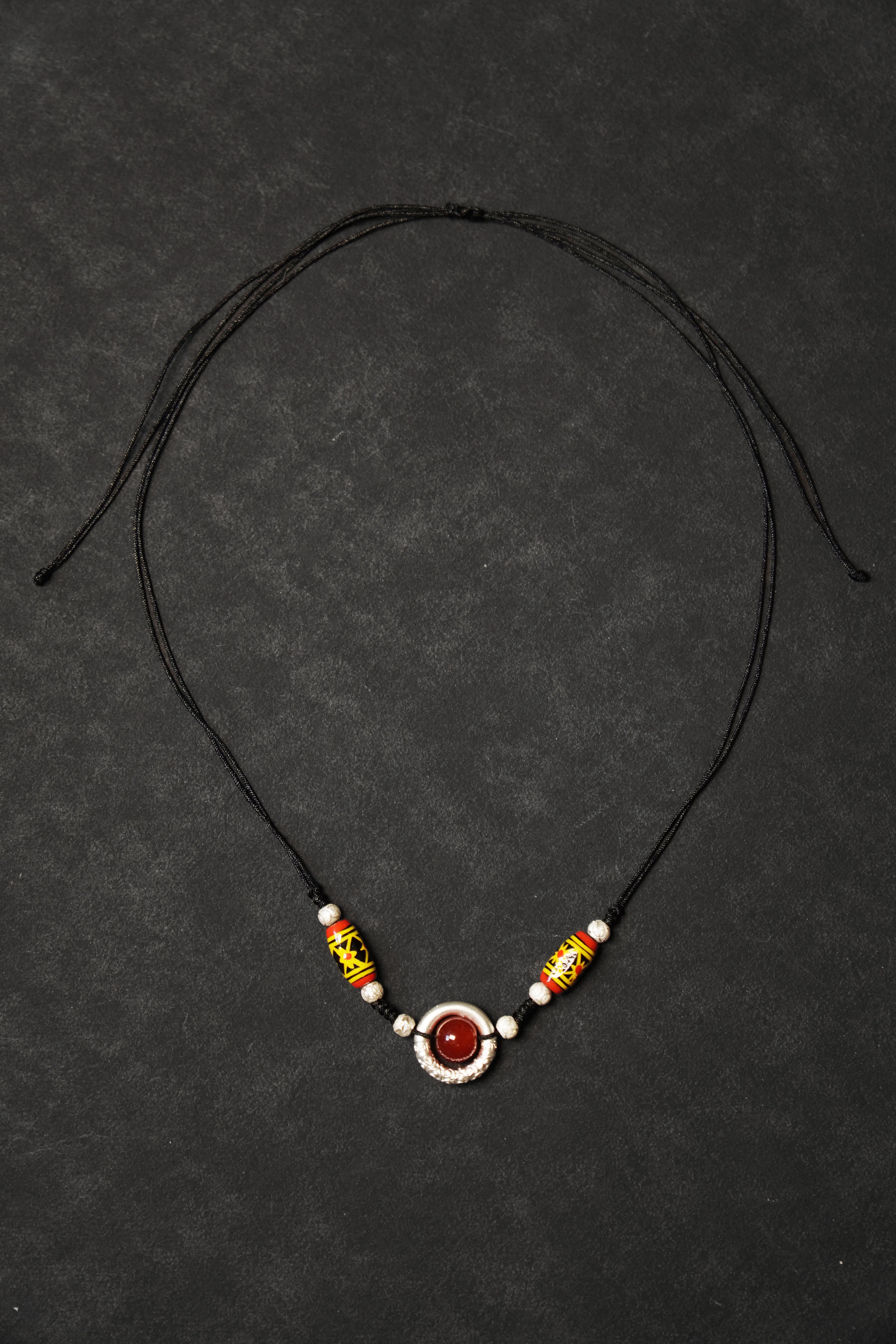 Yi Red Agate&Hand-painted Wooden Totems Cord Necklace